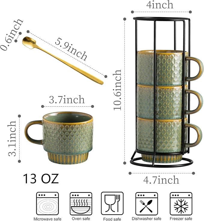LYEOBOH Coffee Mug, Coffee Mugs Set of 4, Stackable Coffee Mugs with Rack and Spoons - 13 Oz Cup Set with Stand, Ceramic Mugs for Home & Kitchen, Blue and Green