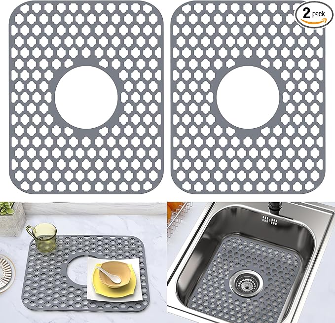 Silicone Sink Protector for Kitchen Bathroom Sink, 2 Pack 13.58"x 11.6" Heat-resistant Mat, Non-Slip and Durable Silicone Protectors, Center Drain (Gray)