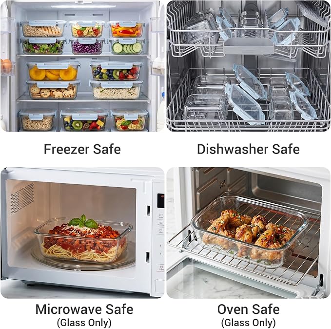 Dealusy 10 Sets (20-Piece) 36 oz & 12 oz Glass Food Storage Containers with lids, Airtight Leak-proof Glass Meal Prep Containers with Lids, Microwave Oven Freezer Dishwasher Safe, Blue