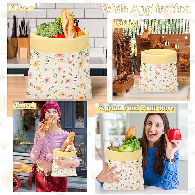 Reusable Beeswax Bread Bags - 2 Pack Bees Wax Food Bag, Homemade Sourdough Bread Storage, 2-in-1 Linen Cotton Large Freezer Container Home Baking Accessories with Lining (Watercolor Flowers)