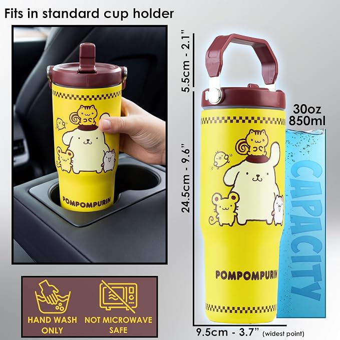 Get Trend Hello Kitty Pompompurin 30oz Tumbler with Handle and Straw, Kids Stainless Steel Insulated Water Bottle,BPA-Free,Leak-Proof, Cold for 12h, Hot 5h, Kawaii Gifts for Girls(Yellow Pompompurin)