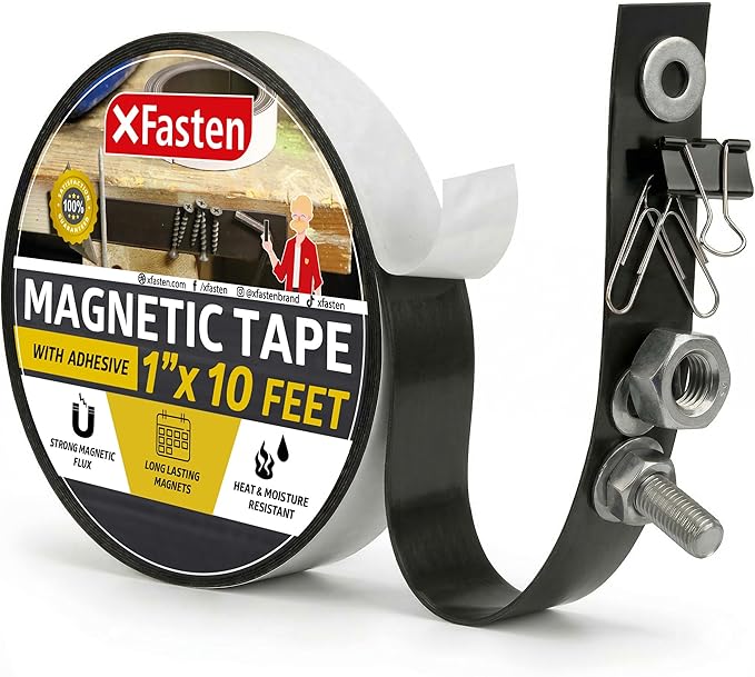 XFasten Heavy Duty Magnetic Tape for Classroom, 1-Inch X 10-Foot Sticky Magnetic Strips with Adhesive Backing, Easy to Install Adhesive and Strong Magnet Tape Roll