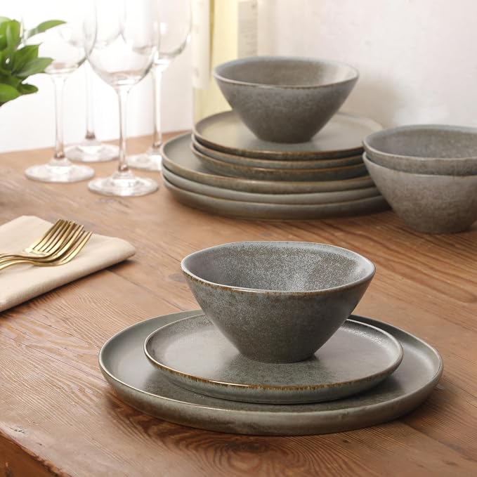 Gibson Elite Coastal Forest Plates and Bowls Sets, 12-Piece Stoneware Dinnerware Sets, Triple Reactive Glaze Dish Set - Slate Grey