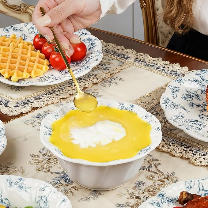 Ceramic Dinnerware Set 12-Piece Scalloped Edge Dish Set for 4 Vintage Floral Elegant Kitchen Dinner Plates Bowls for Daily Use & Party Microwave & Dishwasher Safe