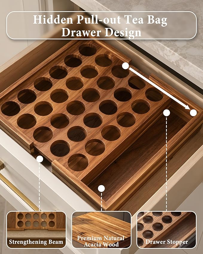 Acacia Wood Coffee Drawer Organizer, 35 Slot K Cup Drawer Organizer, Expandable Coffee Pod Drawer Organizer with Side Pull Out Tea Bag Holder for K Cups and Pods