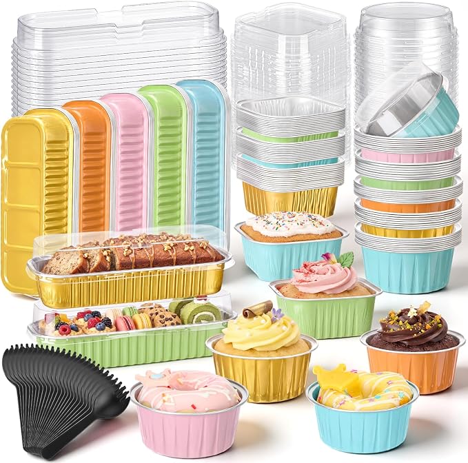 Blushtier 120 Set/240 Pcs Mini Loaf Pans with Lids and Spoons Disposable Mini Cake Pans, 6.8, 5, 4.2 oz Square Rectangle Round Aluminum Foil Cupcake Baking Cups Dessert Liners Tins for Desserts