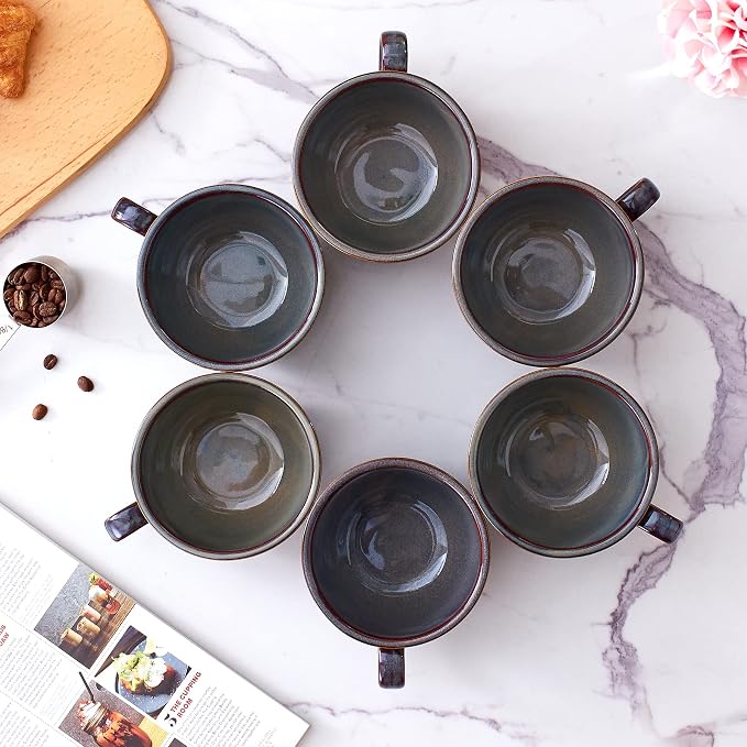 Coffeezone Set of 6 Cups Vintage Design 12 oz Professional Barista Ceramic Latte Art Cappuccino Cups Set (Embossed Grey * 6)