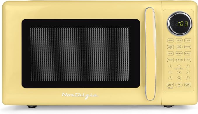 Nostalgia Modern Retro Compact Countertop Microwave Oven - 0.7 Cu. Ft. - 700-Watts with LED Digital Display - Child Lock - Easy Clean Interior - Yellow