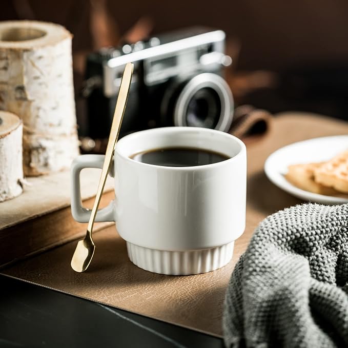 Miamolo Coffee Mugs Set of 4, Stackable Coffee Cups with Stand and Spoons | 11oz, Ceramic | for Espresso Cappuccino Latte Tea Drinks | Dishwasher & Microwave Safe | Housewarming Gift | White