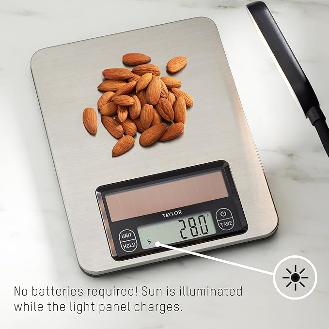 Taylor Light Powered Digital Kitchen Scale, Light Energy Scale with Stainless Steel Platform, Light Powered Panel with Endless Power, No Batteries Needed, Energy-Saving, High 11lb Capacity, Silver