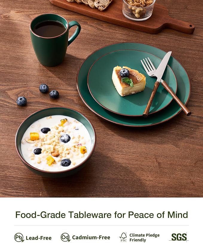 Famiware Venus 24-Piece Stoneware Dinnerware Sets with Mugs, Plates, Bowls, Service for 6, Matte Dark Green - Modern Ceramic Chip‑Resistant Dishes for Everyday & Formal, Microwave & Dishwasher Safe