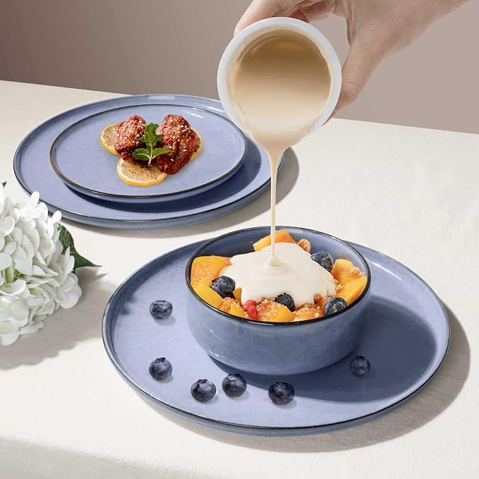 Herogo 18-Piece Stoneware Dinnerware Sets for 6, Stackable Dinner Plates and Bowls Sets, Double Reactive Glaze Dishware Place Setting for Kitchen, Scratch Resistant, Microwave Safe, Haze Blue