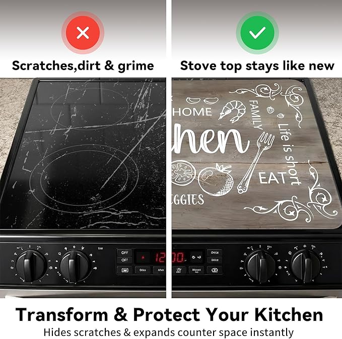 Decorative Stove Top Covers for Electric Stove 28"x20" – Heat Resistant Glass Cooktop Protector Dish Drying Mat – Non-Slip Rubber Backing Washer Top Cover Waterproof Extra Counter Space (Kitchen 4)