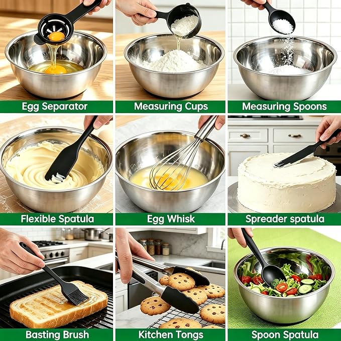 Deedro Mixing Bowls with Airtight Lids, 22Pcs Stainless Steel Mixing Bowls Set, Nesting Bowls with Non-Slip Silicone Base, thicker Metal Bowls for Baking & Prepping, 1.5/2/3/4/5 QT, Black