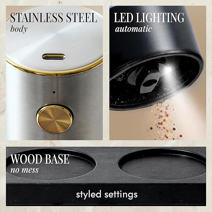 Rechargeable Salt and Pepper Grinder Stainless Steel – Electric Salt and Pepper Shaker Set with USB-C Port, LED Light, Adjustable Coarseness, One Touch Control, Sleek Modern Design