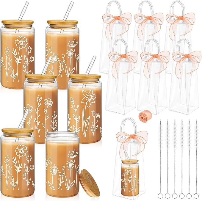 Mumufy 6 Sets Boho Floral Glass Cups with Clear Gift Bag 16 oz Reusable Flower Iced Coffee Mugs Aesthetic Cute Tumbler with Lids and Straws, Gifts for Girls Women Bridesmaid