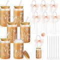 Mumufy 6 Sets Boho Floral Glass Cups with Clear Gift Bag 16 oz Reusable Flower Iced Coffee Mugs Aesthetic Cute Tumbler with Lids and Straws, Gifts for Girls Women Bridesmaid