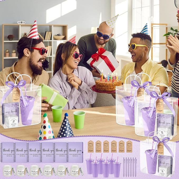 Nuogo 6 Sets New Parent Shower Prizes for Player Winners Adult, Wedding Bridal Shower Gift, Plastic Tumbler Notebook Scented Candle Ballpoint Pen Bag (Purple Color,Classic Style)