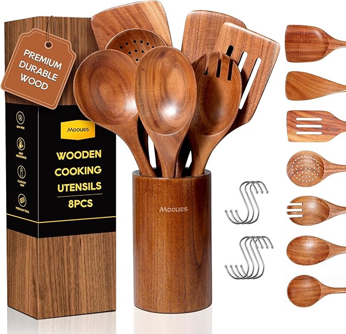 Mooues Wooden Spoons for Cooking, Wooden Utensils for Cooking Natural Teak Wooden Kitchen Utensils Set Comfort Grip (8 PCS SET)