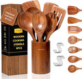 Mooues Wooden Spoons for Cooking, Wooden Utensils for Cooking Natural Teak Wooden Kitchen Utensils Set Comfort Grip (8 PCS SET)