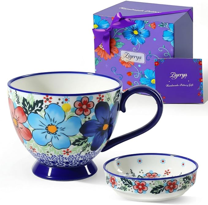 17oz Hand-Painted Ceramic Coffee Mugs with Handles & Lids | Decorative Soup or Tea Cup, Includes Saucer, Large Loop Handle, Microwave Safe, Fathers Day Dad Gifts from Daughter Son Wife