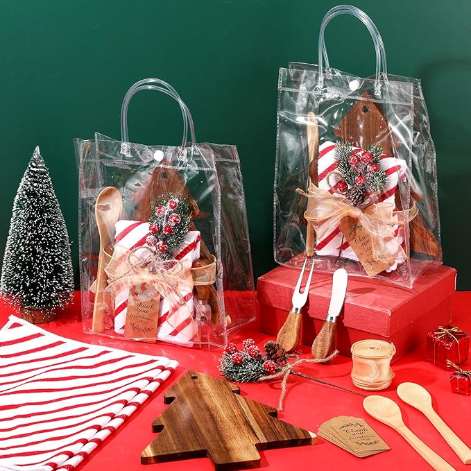Potchen 6 Set Christmas Kitchen Gifts Wood Cheese Board Fork Spoon Butter Spreaders Dish Cloth Thank You Card Ribbon and Gift Bags for Merry Christmas Cooking Serving Xmas Utensils Gifts (Tree)
