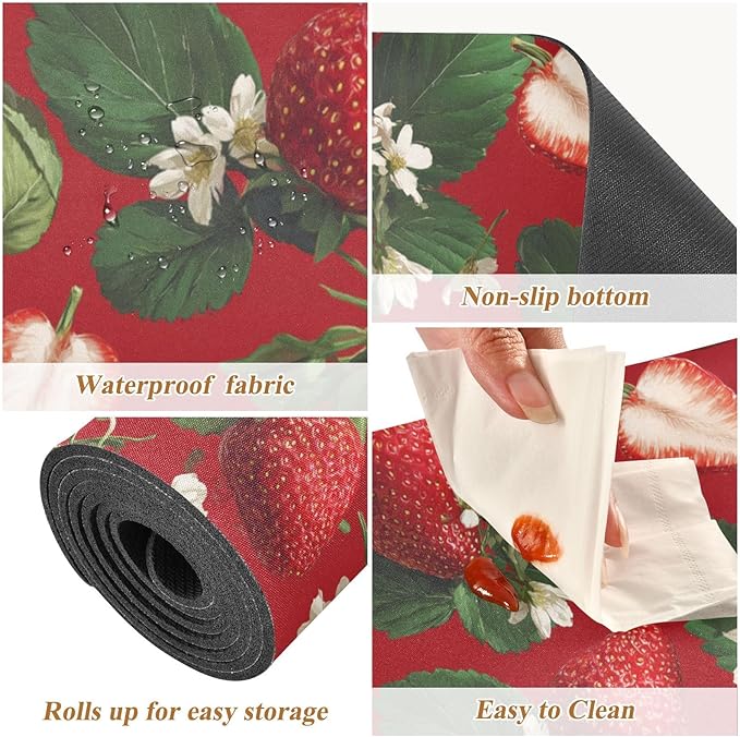 2-in-1 Table Runner Trivet for Hot Dishes Heat Resistant Hot Plate Mat Pad 39x12 Inch Waterproof Table Protector Trivets for Countertop Non Slip Decorative Red Strawberries Flowers