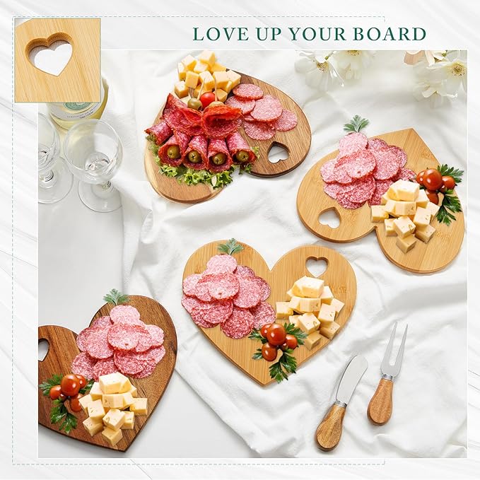 Patelai 4 Set Bridal Baby Shower Favor Heart Cheese Board with Knife, Wood Mini Charcuterie Board Thank You Gift Box for Guest Bridal Baby Shower Prize Wedding Valentines Birthday (Acacia Color)
