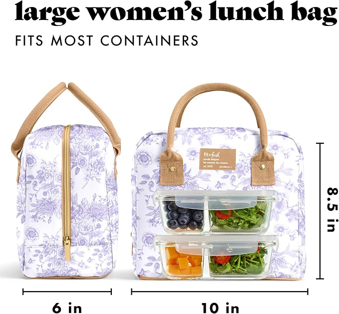 Fit & Fresh Bloomington Lunch Bag for Women - Insulated Large Lunch Box for Work with Containers, Leak-Resistant, Stain-Resistant, Zipper Closure, Lavender Toile