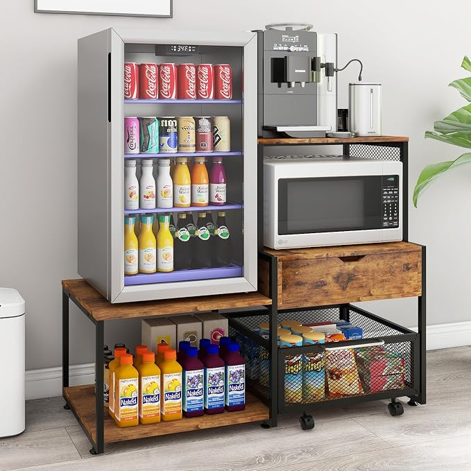 PUNCIA Coffee Bar Cabinet with Mini Fridge Stand Storage & Power Outlet | Microwave Oven Stand & Beverage Refrigerator Table, Built-in Drawer Rolling Basket for Dorm Apartment Pantry Organizer