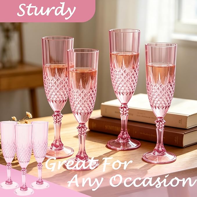 Plastic Champagne Flutes, Champagne Glasses Bulk, Reusable Unbreakable Acrylic Wine Glasses Goblets for Weddings Bachelor Parties Toasting Bridal Shower (12, Pink)