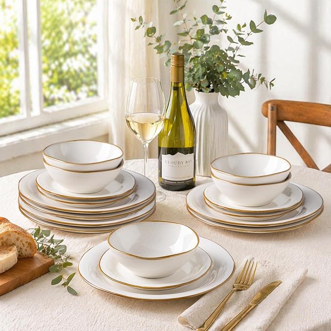 AmorArc Ceramic Dinnerware Sets, Handmade Stoneware Reactive Glaze Plates and Bowls Set, Scratch Resistant | Dishwasher & Microwave Safe, Service for 4 (12pc)