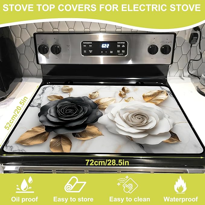 Glass stove top cover 28"x 20", Stove Top Covers for Electric Stove, Flat Range Mat for Glass Cooktop, Kitchen Heat-Resistant Protector Non-Slip Drying Mat (Black and White Roses)