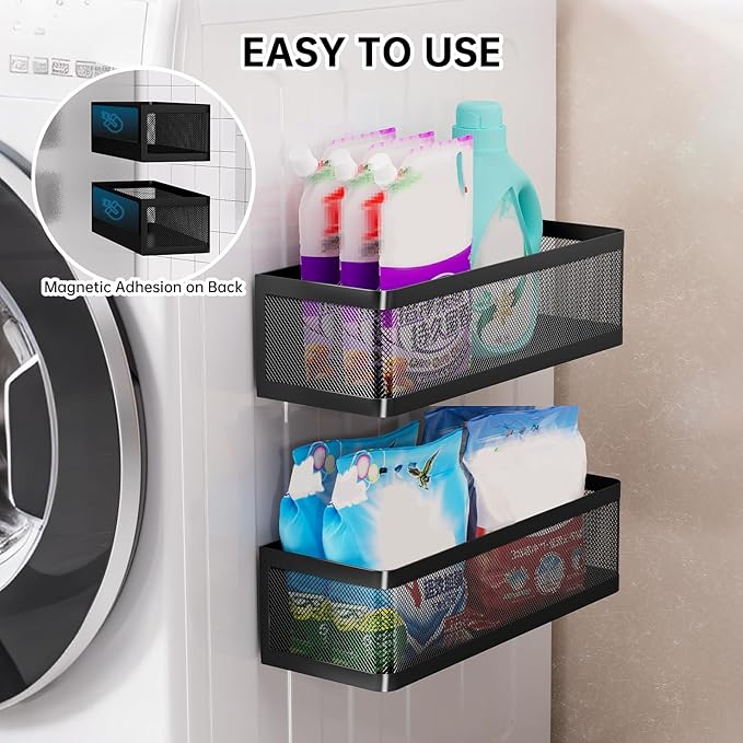 2-Pack Laundry Room Organization, Magnetic Shelves with Tall Guardrails to Prevent Falling - Strong Magnet Organizer for Washing Machine, Refrigerator, Kitchen & Pantry
