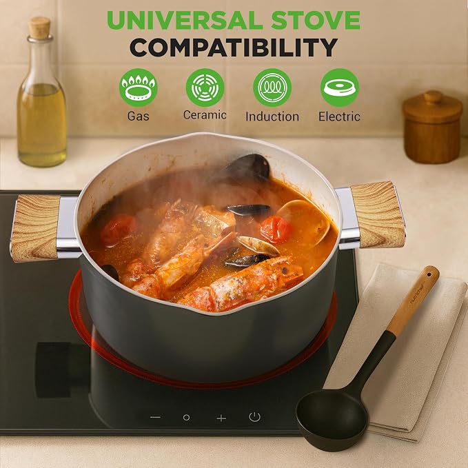 NutriChef 14 Pcs Nonstick Ceramic Cookware Set - Induction Safe Pots and Pans with Glass Lids, Cool-Touch Handles, Even Heat Distribution, Dishwasher Safe, Includes Spatula, Ladle, Tong -Black