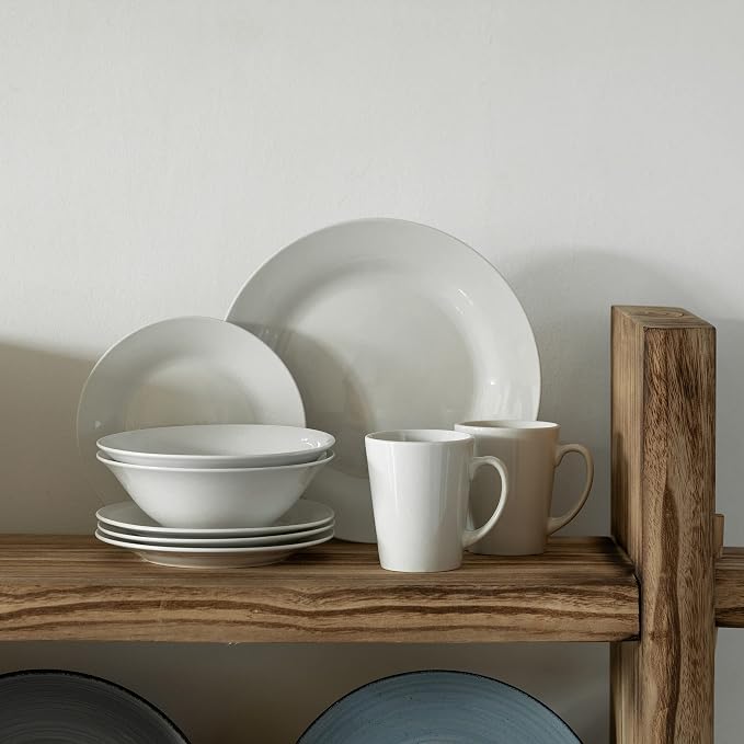 Rimmed Dinnerware Set | Mugs, Salad and Dinner Plates and Bowls Sets, Dishes with Highly Chip and Crack Resistant, Dishwasher and Microwave Safe (White, Service For 8)