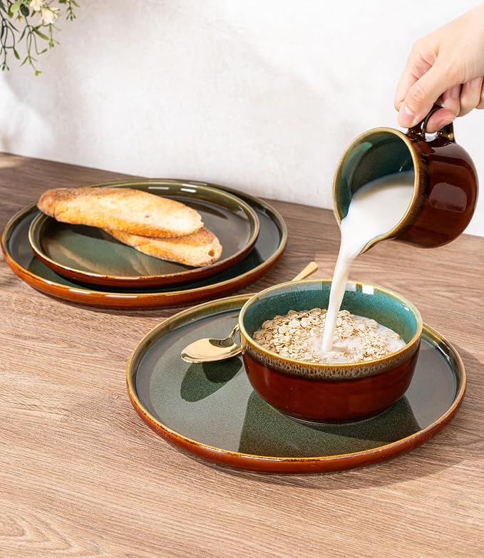 GBHOME Dinnerware Sets for 4, 12 Pieces Stoneware Plates and Bowls Sets, Scratch Resistant Dishes, Dishwasher & Microwave Safe, Reactive Glaze