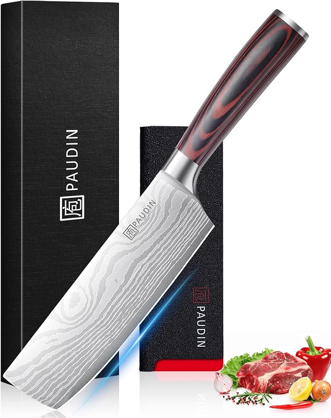 PAUDIN Nakiri Knife - 7" Razor Sharp Meat Cleaver and Vegetable Kitchen Knife, High Carbon Stainless Steel, Multipurpose Asian Chef Knife for Home and Kitchen with Ergonomic Handle