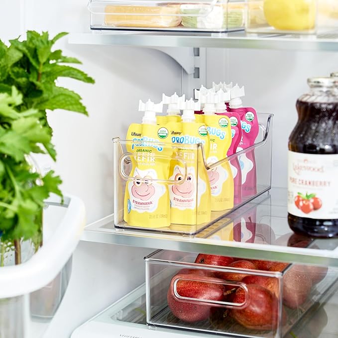 iDesign 50% Recycled Plastic Refrigerator Set, Made in The USA – Versatile Design Ideal for Freezer, Pantry, and Cabinet Organization, Two 5” x 5” x 14” and Two 10” x 5” x 14” Bins, Clear