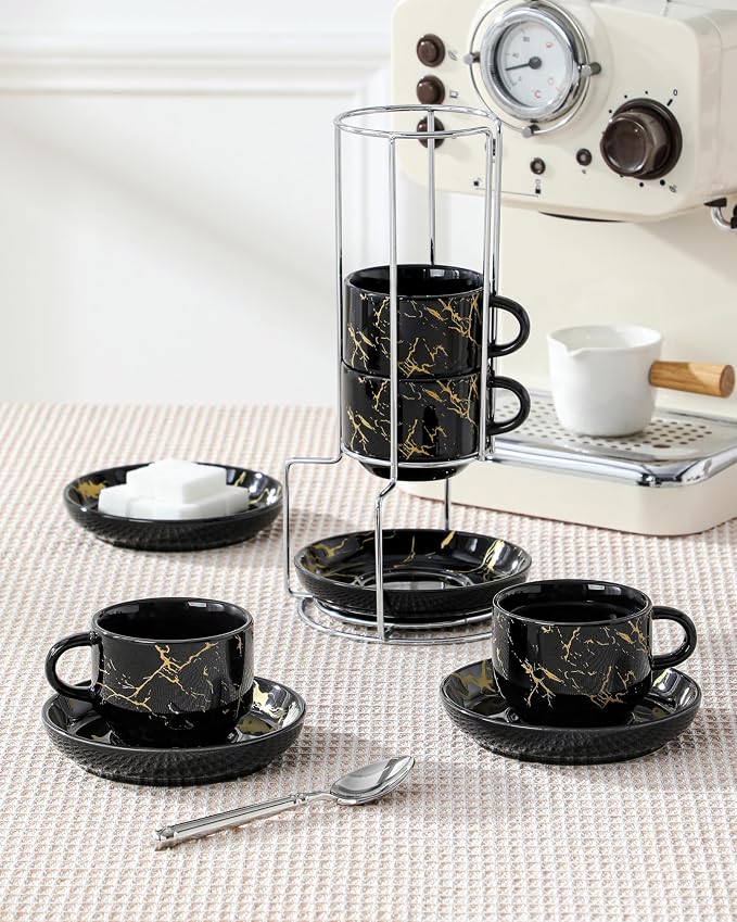 MALACASA 4 OZ Porcelain Espresso Cups with Saucers and Metal Stand Set of 4, Stackable Cappuccino Cups, Marble Black Expresso Shots Cup Set for Coffee Drinks, Latte, Tea