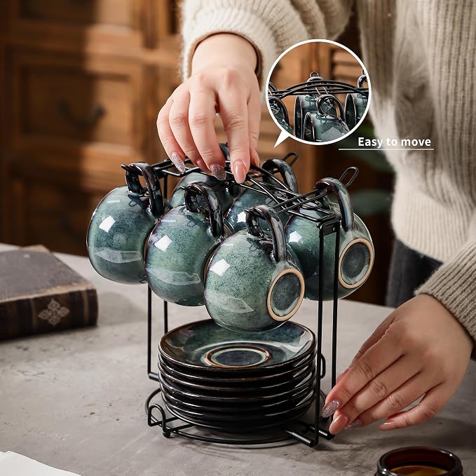6 sets of 4OZ green coffee cup saucer sets, ceramic coffee cups with metal display racks, unique kiln enamel technology, suitable for tea, espresso, latte, cappuccino (6, Green, 4, ounces)