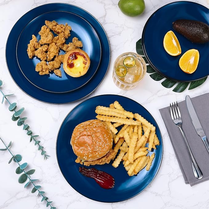 TP 12-Piece Melamine Dinnerware Sets, Plates and Bowls Dishes Set for 4, Break-Resistant & Non-Microwavable, Lightweight Dinner Plates, Black and Blue