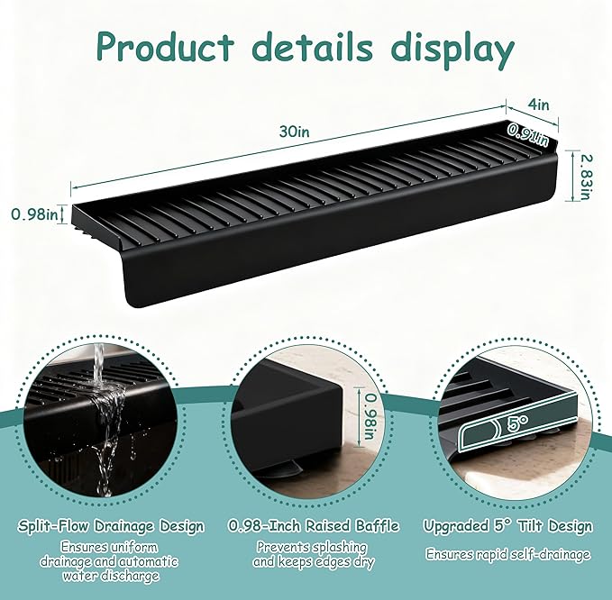 Silicone Sink Edge Protector Splash Guard,Sink Granite Edge Protector,30x4 Inch with Suction Cups & 5°Tilt, Cuttable for Kitchen Bathroom Countertops, Granite Quartz Surfaces (Black)