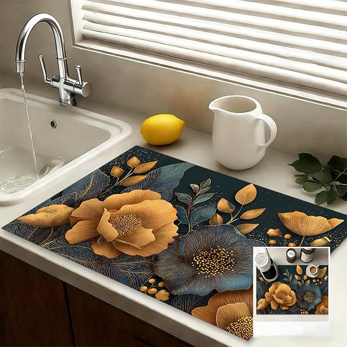 Luxury Floral Stove Top Covers for Electric Stove, 28.3 × 20.5 Inch Heat Resistant Cover, Gold and Navy Botanical Design, Decorative Electric Stove Cover Protector(flowers)