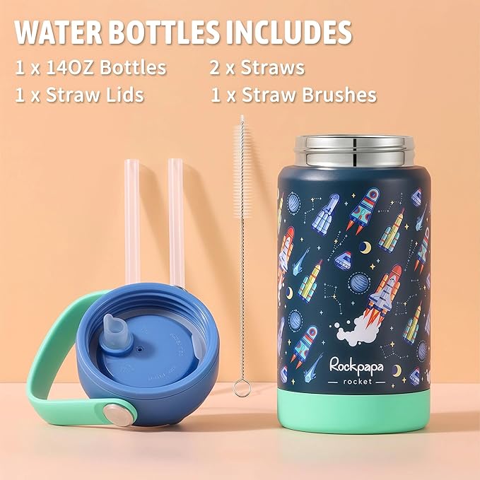rockpapa Kids Lunch Box Set with 14oz Insulated Water Bottle & Lunch Bag, Leakproof 5.5 Cups Bento Box for School & Children, BPA-Free, Microwave Safe for Boys Girls (Blue Rocket)