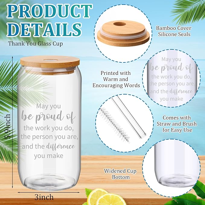 Skylety 12 Sets Teachers Appreciation Gifts Bulk May You Be Proud of The Work You Do 16 oz Glass Cups with Lids Straws Notebooks Pens for Nurse Employee Team Staff Coworker