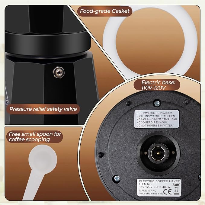 Electric Aluminum Moka Pot 3-6 Cup 150-270ml Espresso Maker with Detachable Base Ideal Coffee Makers for Home MochaPot Italian and Cuban Café Coffeemaker Espressomaker CoffeePot Black