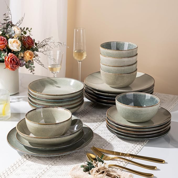 GBHOME 24 Pieces Double Bowls Dinnerware Sets for 6, Stoneware Plates and Bowls Set with Reactive Glaze, Scratch Resistant Stoneware Dishes Set, Dishwasher & Microwave Safe