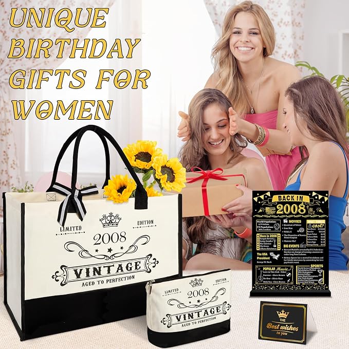 YeohJoy 18th Birthday Gift for Her Canvas Tote Bag Travel Gear, Unique 18 Years Old Birthday Gifts for Girlfriend Daughter Sister Friends Her, Vintage 2008 Handbag & Makeup Bag & 18th Greeting Card