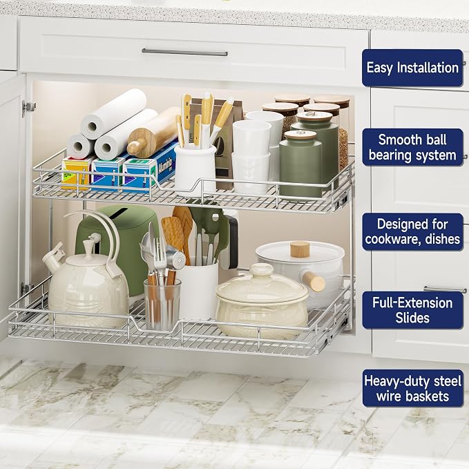 2-Tier Pull Out Cabinet Organizer, 31.5" W x 21.5" D, Heavy Duty Dual Slide Out Shelves for Wide Base Cabinets, Chrome Wire Basket Drawer for Pots, Pans, Pantry & Cleaning Supplies